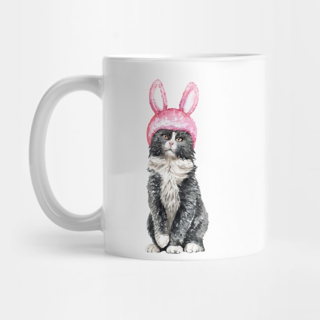 funny Watercolor Black & White Cat Wearing Rabbit Helmet by labatchino